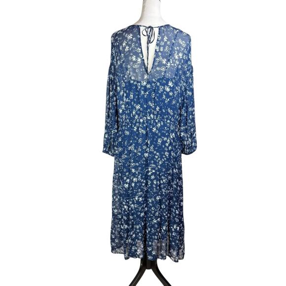 Free People Navy White Floral Long Sleeve Back Tie Blouson Bohemian Midi Dress - Picture 6 of 16